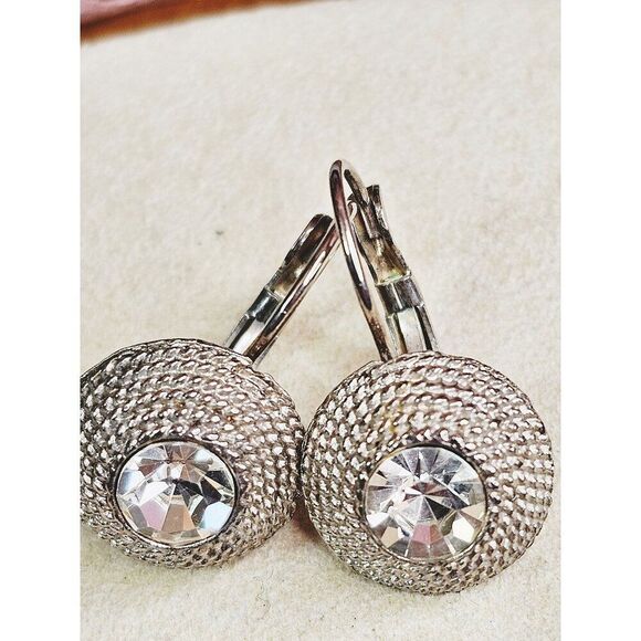 Vintage Silver-Tone Lever Back Rope  Earrings With Clear Crystal Center - Picture 3 of 6